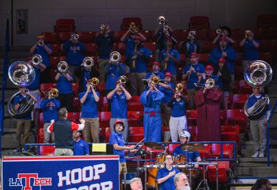 Louisiana Tech Hoop Troop band playing at a basketball game