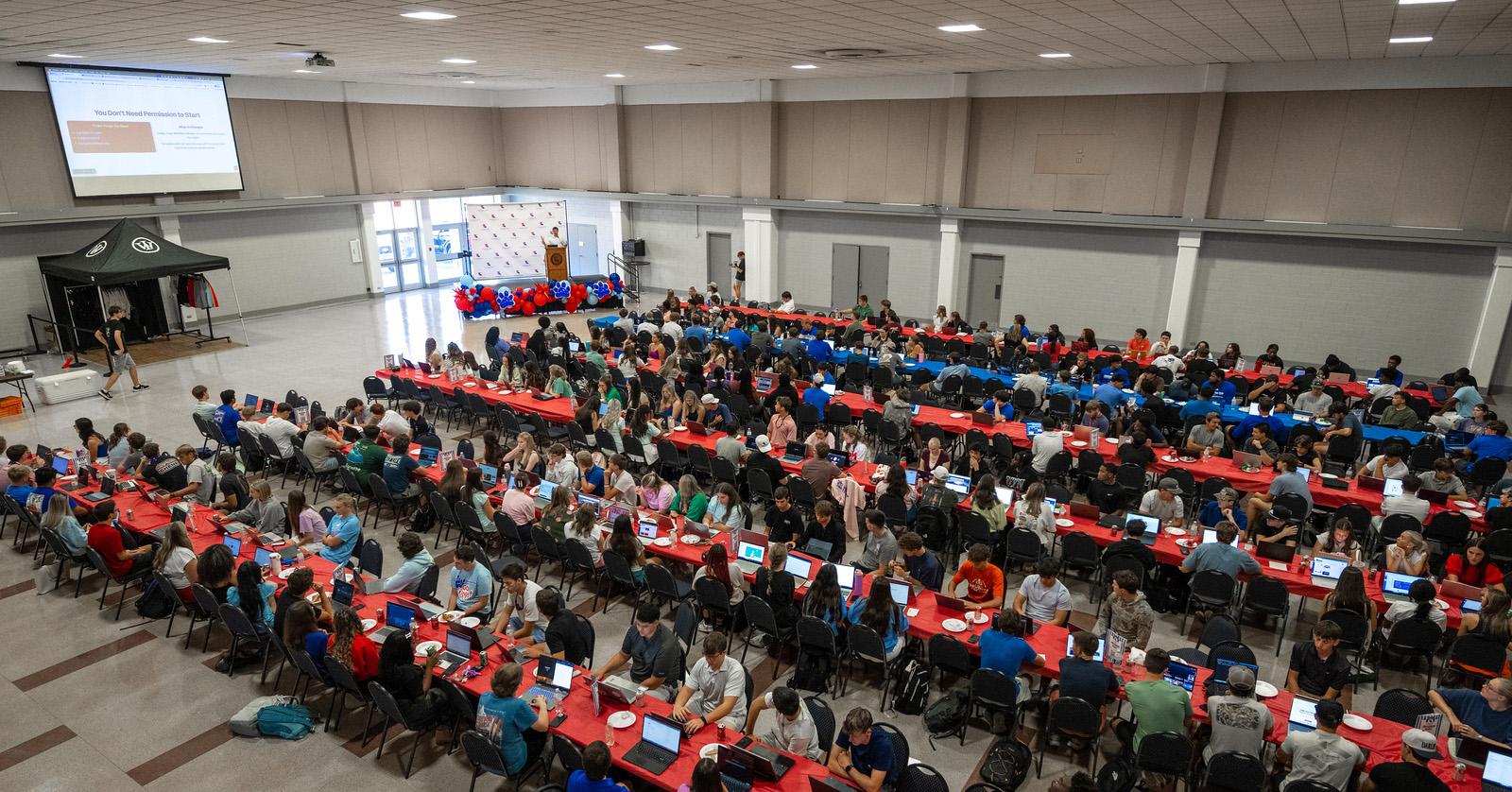The Louisiana Tech Student Center is full of College of Business freshmen sitting at long tables and working on computers