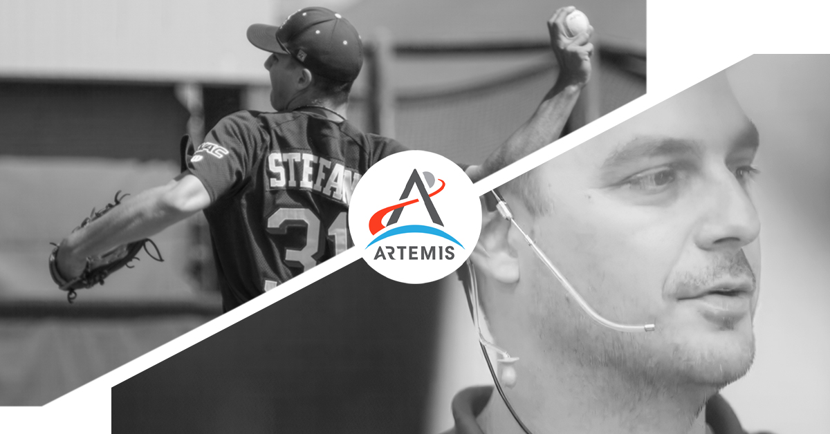 A split image: in the top half, Jeb Stefan pitches a baseball during a Louisiana Tech University game. In the bottom half, years later, he observes a monitor while wearing a headset at NASA.