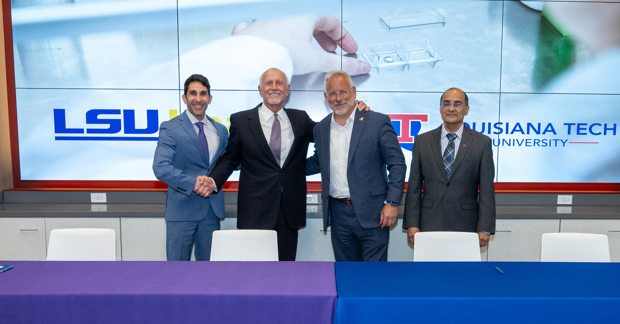 Oren Rom LSUHS Assistant Vice Chancellor for Research, Lester Johnson LSUHS Senior Vice Chancellor, Jim Henderson President, LA Tech, Ramu Ramachandran Interim Vice President for Research LA Tech
