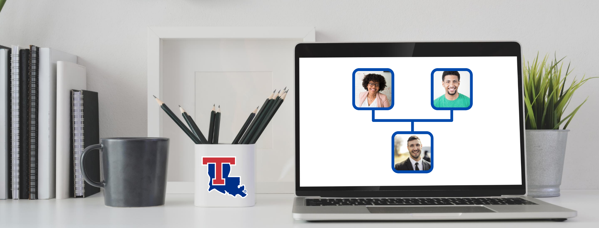 a online meeting on laptop with LATech mug 